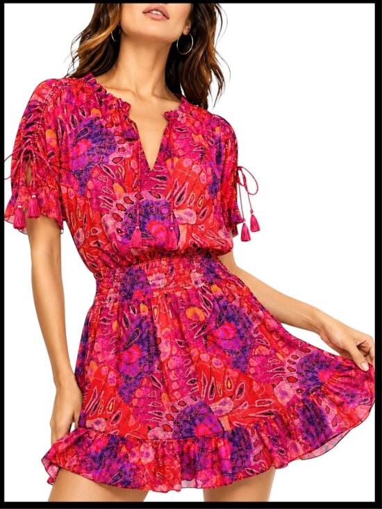 Misa Los Angeles Dresses & Skirts - MISA Los Angeles Dominique Mini Dress Red Pink Smocked Ruffle XL